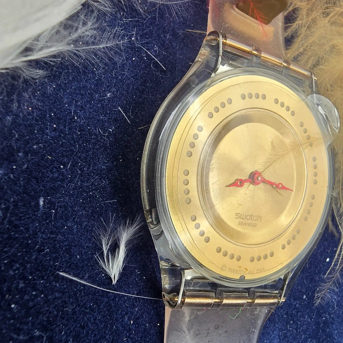 Swatch Plume de Fête Watch Men 34mm Gold Dial Clear Case SFK136 New Battery NOS8