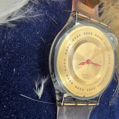 Swatch Plume de Fête Watch Men 34mm Gold Dial Clear Case SFK136 New Battery NOS8