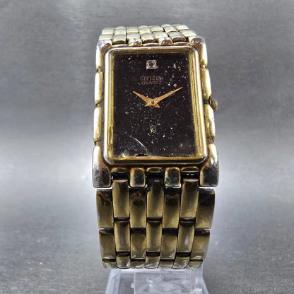 Citizen Tank Watch Men 23mm Black Dial Gold Tone Rectangle 6020-S27221 New Batt5