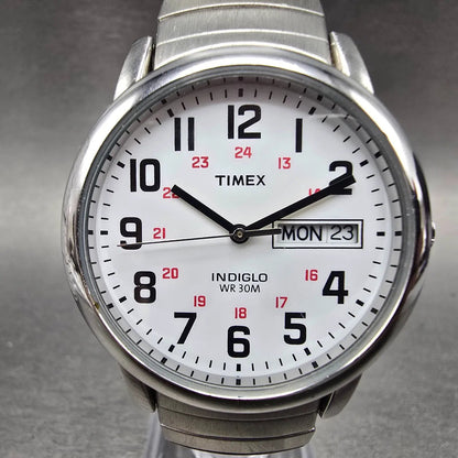 Timex Easy Reader Watch Men 35mm White Dial Silver Tone Daydate T20461 New BattK0