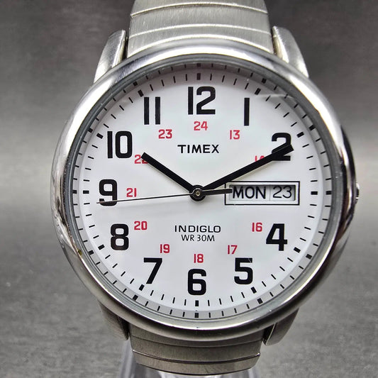 Timex Easy Reader Watch Men 35mm White Dial Silver Tone Daydate T20461 New BattK0