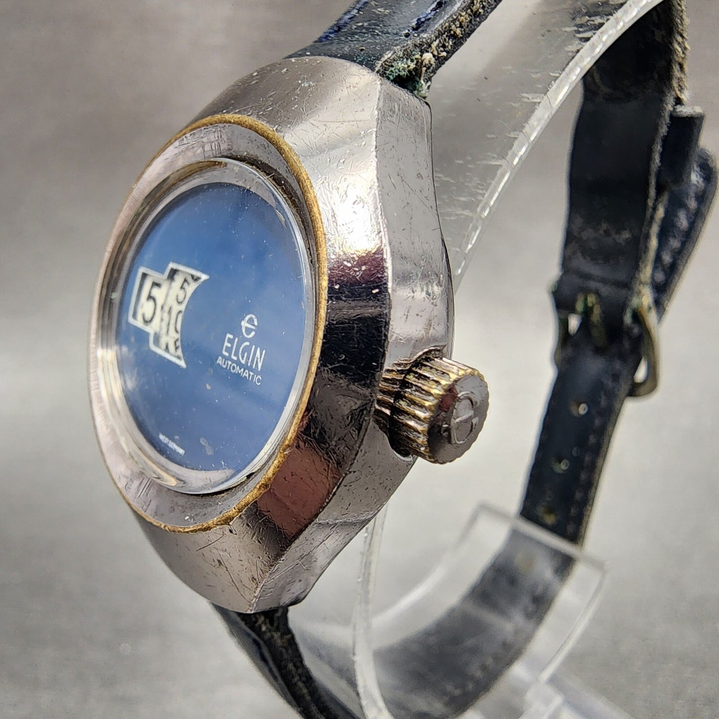 Elgin Jump Hour Automatic Watch Women 28mm Blue Dial Steel Vintage PARTS3