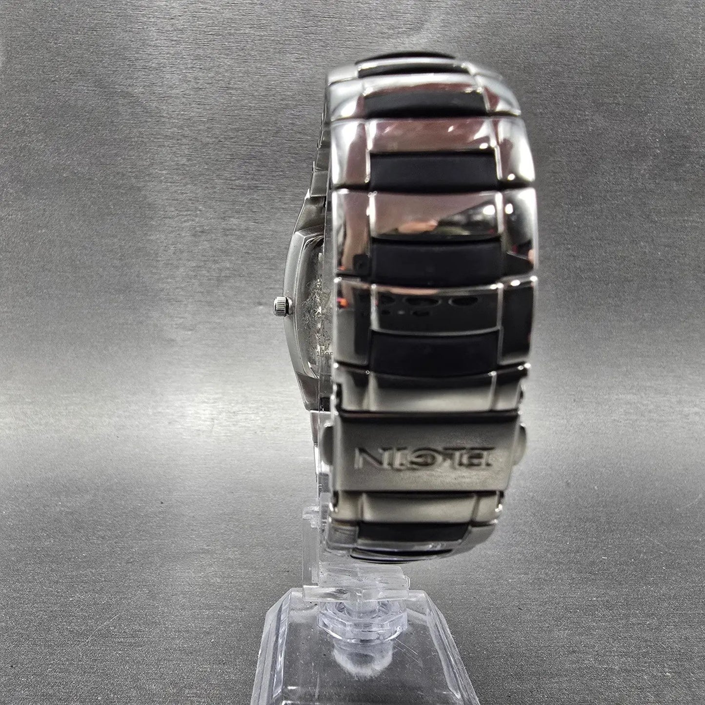 Elgin Tank Watch Men 34mm Black Dial Silver Tone Date Rectangle EG453 NewBattery8