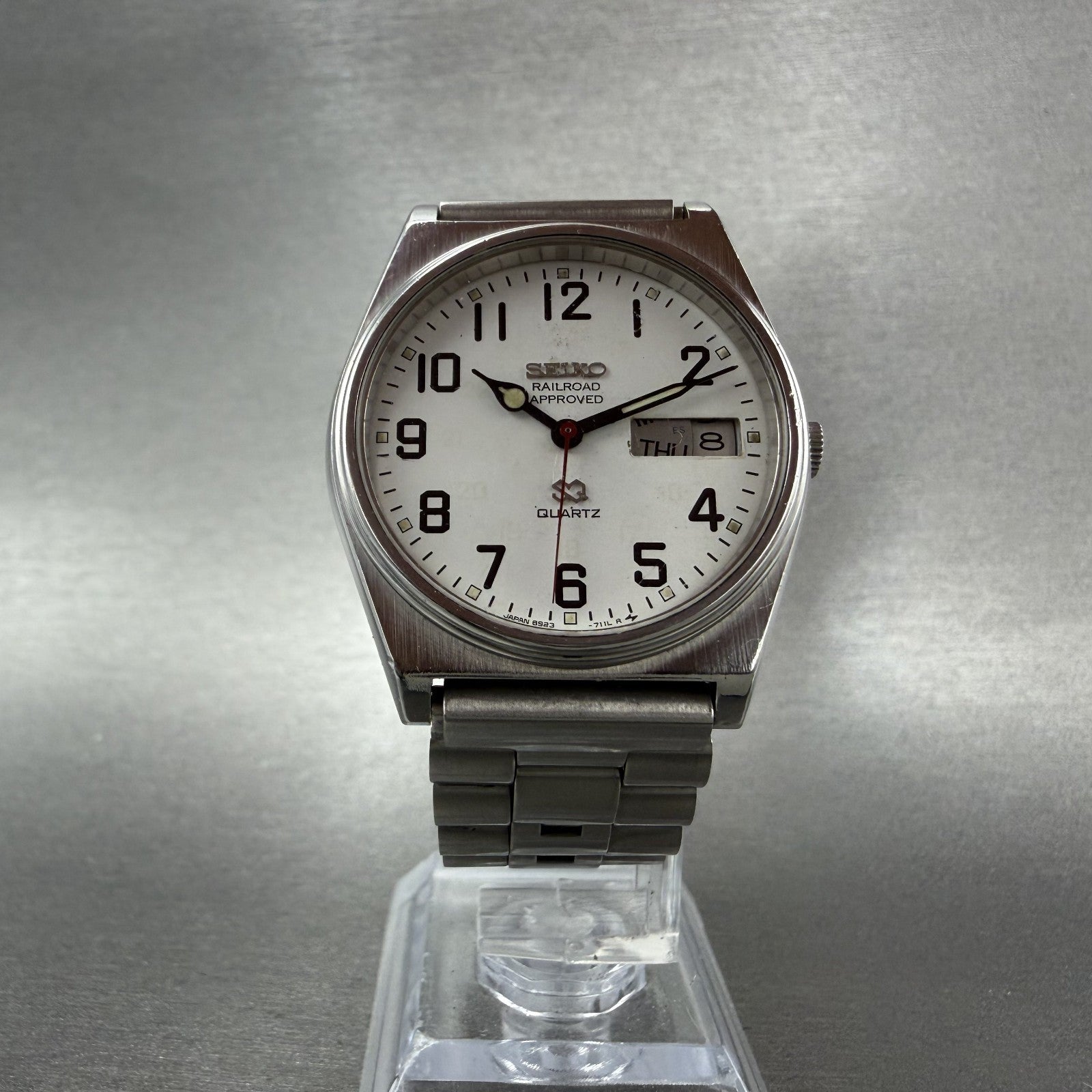 Seiko Railroad Approved Watch Men 33mm White Dial Silver Tone Daydate PARTS6