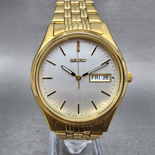 Seiko Watch Men 37mm Silver Dial Gold Tone Daydate Round V7439009 New Battery0
