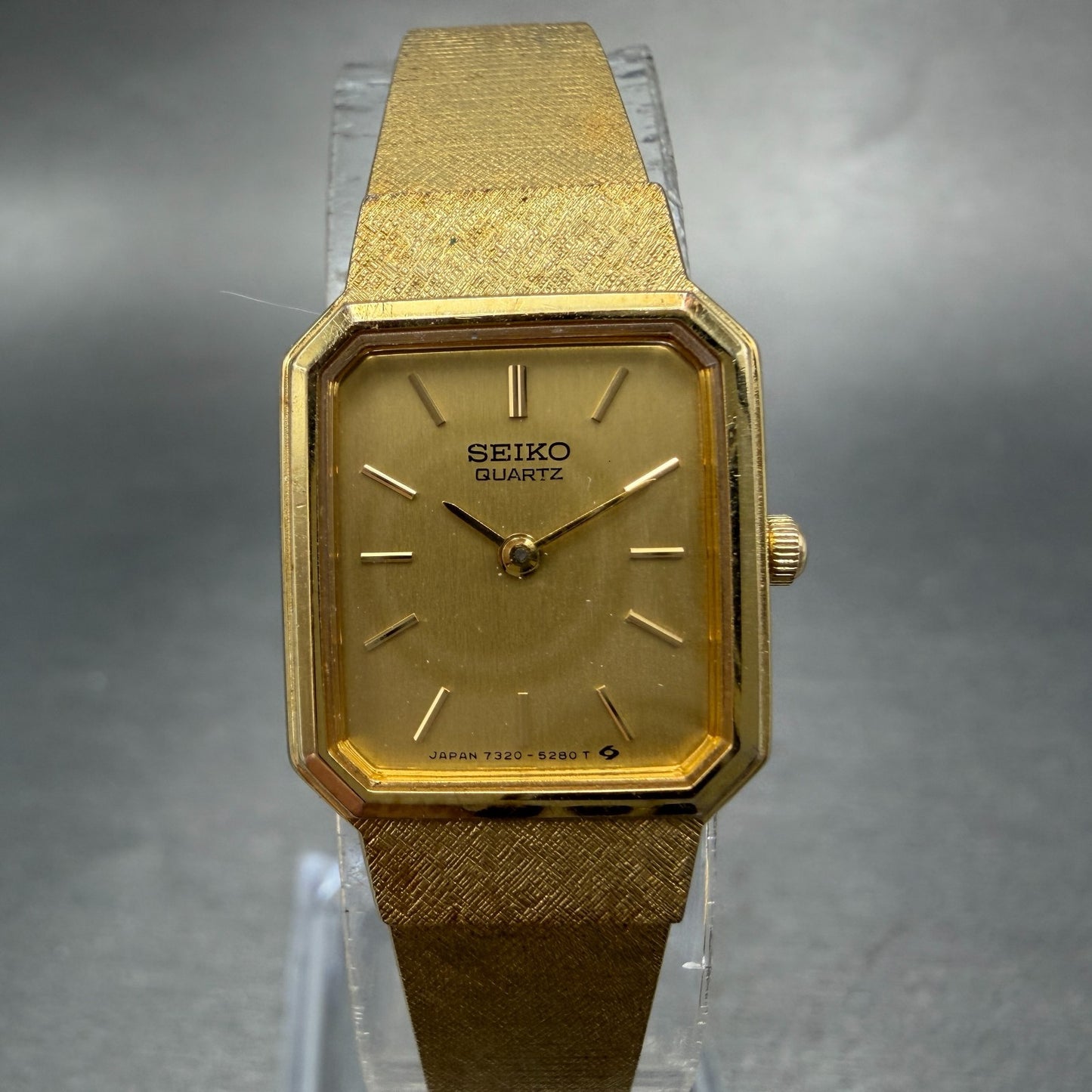 Seiko Tank Watch Women 17mm Champagne Dial Gold Tone 7320-5189 New Battery VTG0