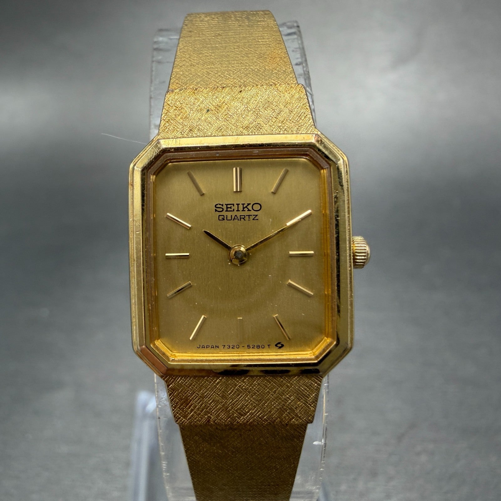Seiko Tank Watch Women 17mm Champagne Dial Gold Tone 7320-5189 New Battery VTG0