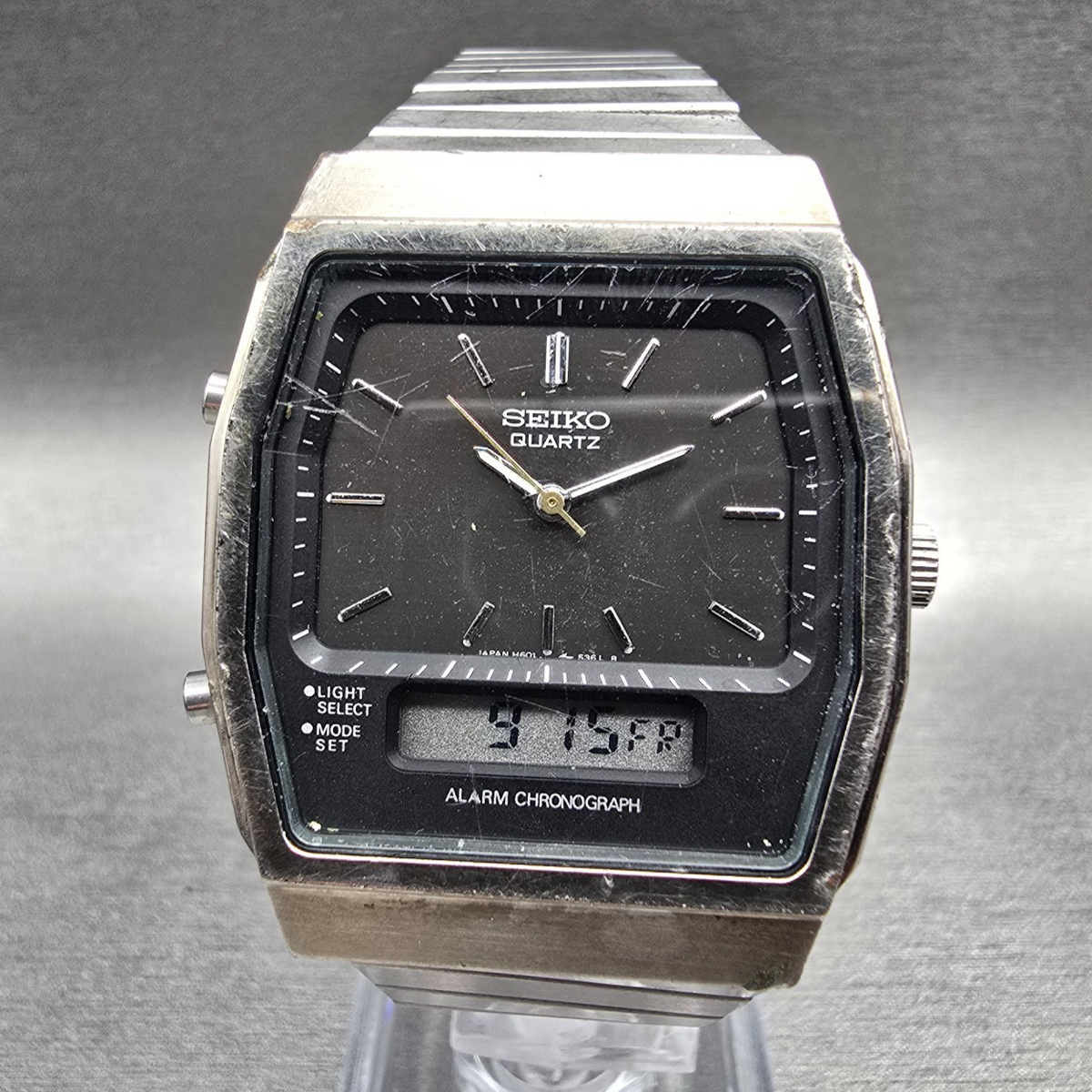 Seiko Watch Men 33mm Gray Dial Silver Tone Chrono Alarm H601-540A New Battery0