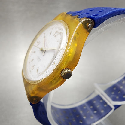 Swatch Gold Bride Watch Women 25mm White Dial Clear Case Round LK123 New Battery