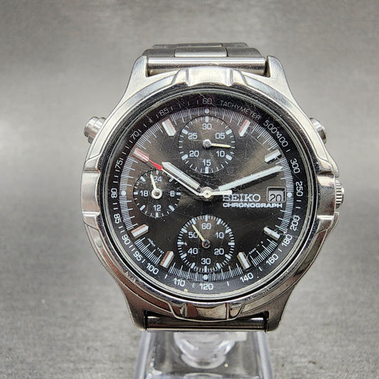 Seiko Chronograph Watch Men 37mm Black Dial Steel Date PARTS!!!! 7T276A500