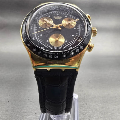 Swatch Irony GOLDFINGER Watch Men Black Dial Gold Case Chrono YCG401 New Battery5