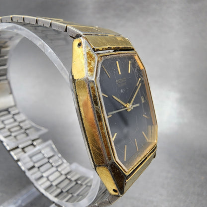 Seiko Watch Men 26mm Black Dial Gold Tone Date Octagon 6532-5310 New Battery