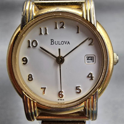 Bulova Watch Women 24mm White Dial Gold Tone Date Round 97M14 New Battery1
