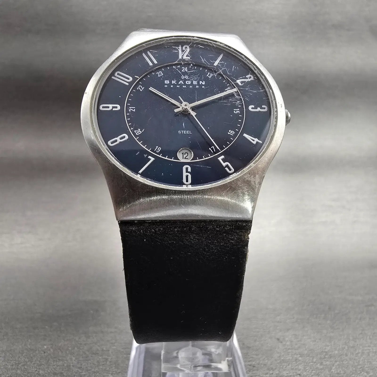 Skagen Watch Men 37mm Blue Dial Silver Tone Date Round 233XXLSLN READ!! New Batt5