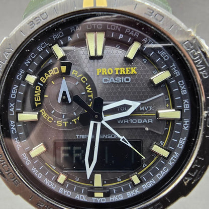Casio Protrek Watch Men 51mm Gray Dial Green Triple Sensor Solar PRW-6000SG Runs1