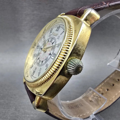 Stauer Watch Men 40mm Silver Dial Gold Tone Date Round Leather New battery2