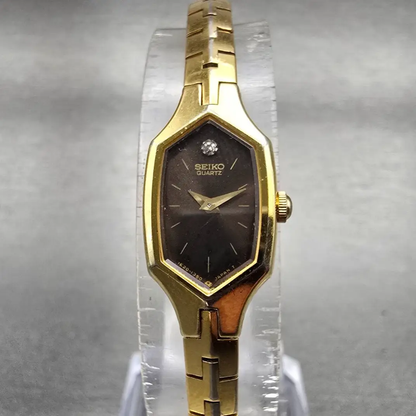 Seiko Watch Women 14mm Brown Dial Gold Tone Hexagon 1E20-5729 New Battery VTG0