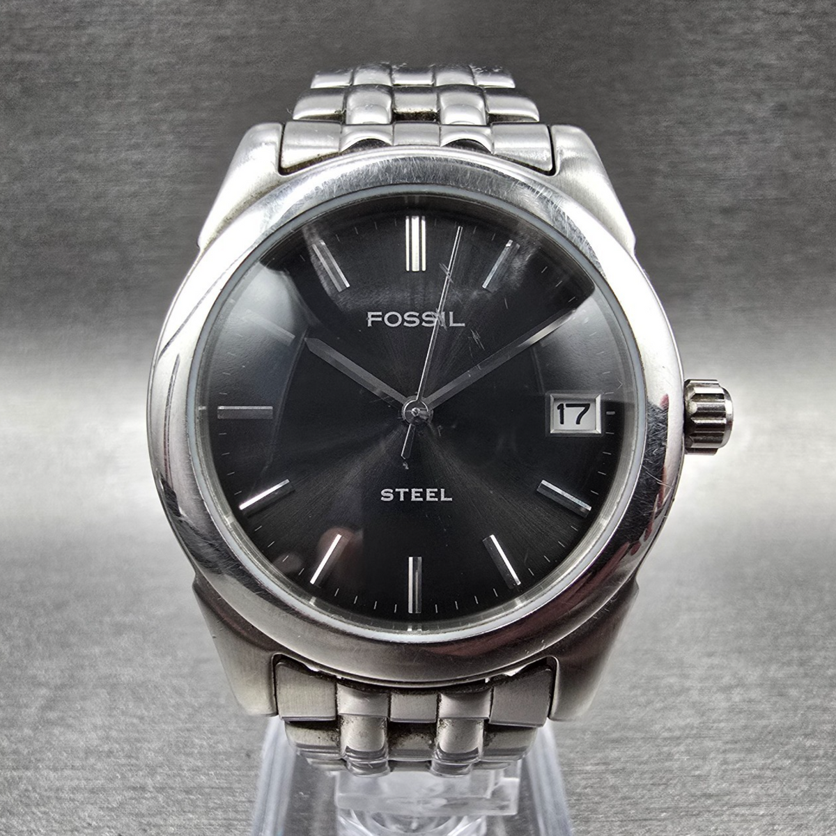 Fossil Steel Watch Men 34mm Gray Dial Silver Tone Date Round FS-2642 New Batt JP0