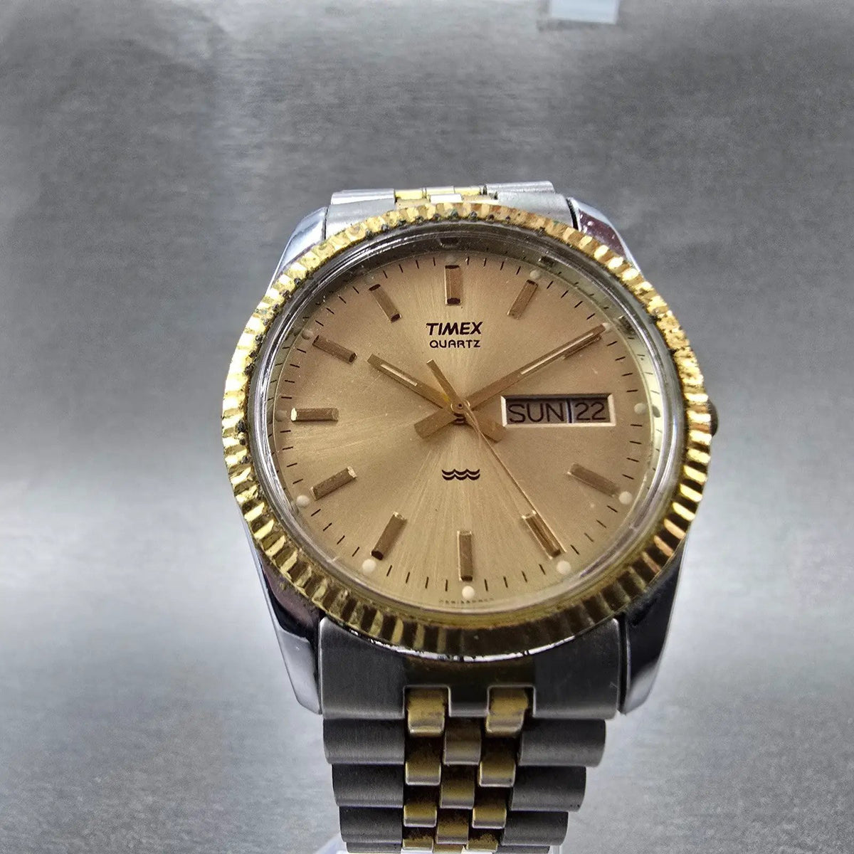 Timex President Watch Men 34mm Champagne Dial Two Tone Daydate Round New Battery5