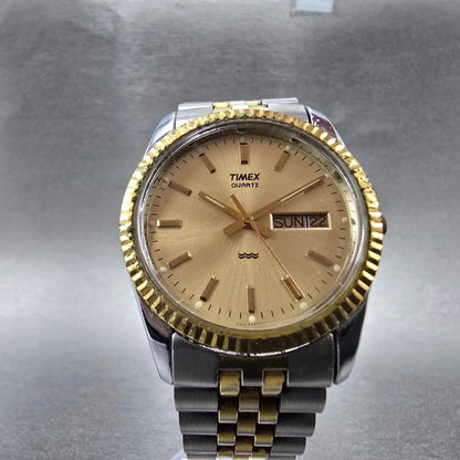 Timex President Watch Men 34mm Champagne Dial Two Tone Daydate Round New Battery5