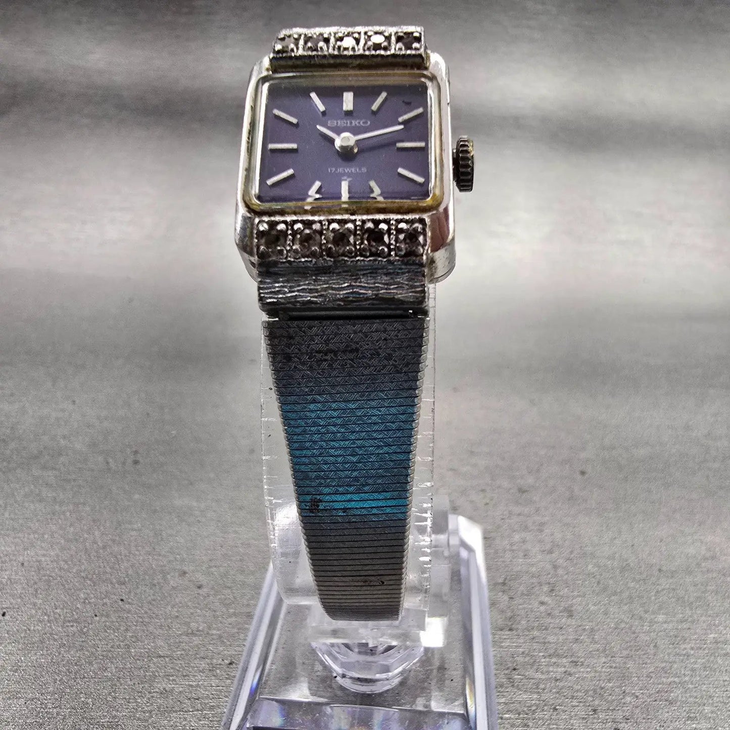 Seiko Watch Women 17mm Blue Dial Silver Tone Rectangle 21-3141 Manual Wind VTG5