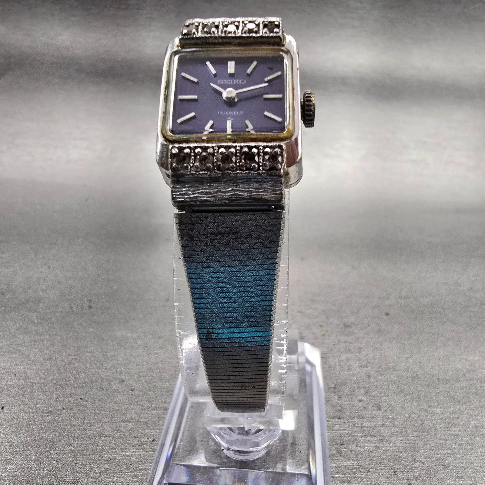 Seiko Watch Women 17mm Blue Dial Silver Tone Rectangle 21-3141 Manual Wind VTG5