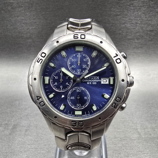 Citizen Chronograph Watch Men 42mm Blue Dial Silver 0510-S92294 New Battery JP0