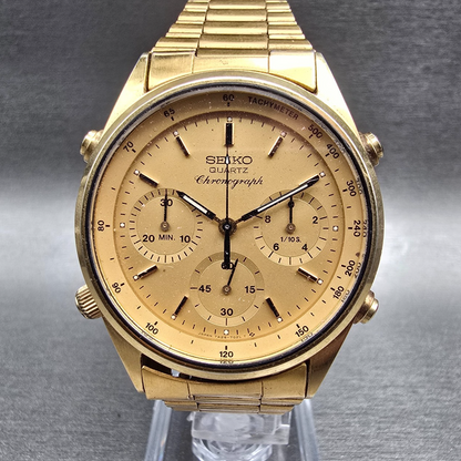 Seiko Chronograph Watch Men 37mm Gold Dial Gold Round 7A28-7029 New Battery VTG0