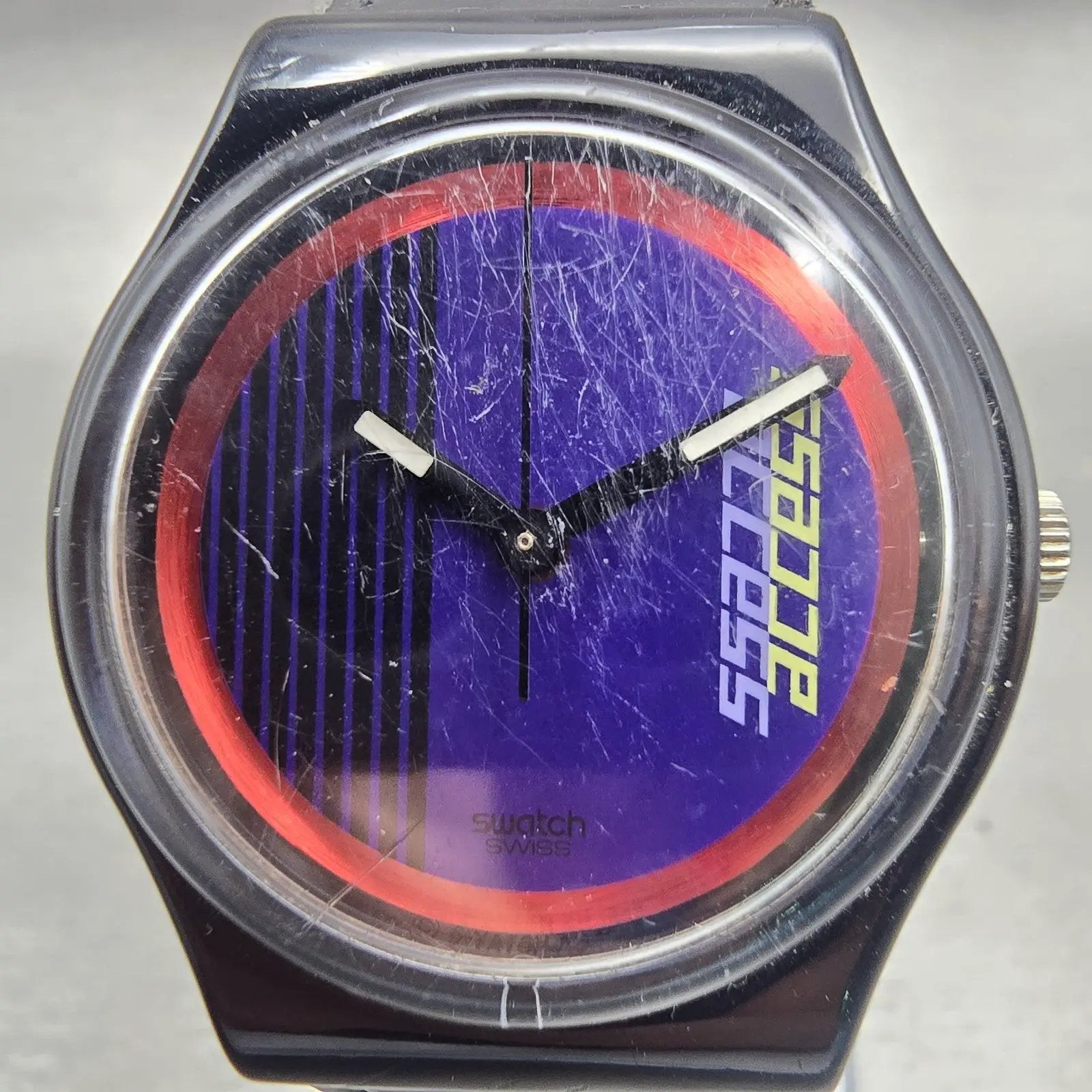 Swatch Access DOUBLE LOOP Watch Men Purple Dial Black Tone SKB100 New Battery1