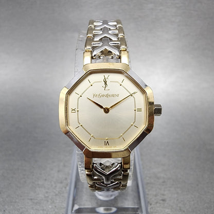 Yves Saint Laurent Watch Women 23mm Champagne Dial Tow Tone Octagon New Battery0