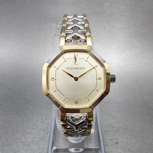 Yves Saint Laurent Watch Women 23mm Champagne Dial Tow Tone Octagon New Battery0