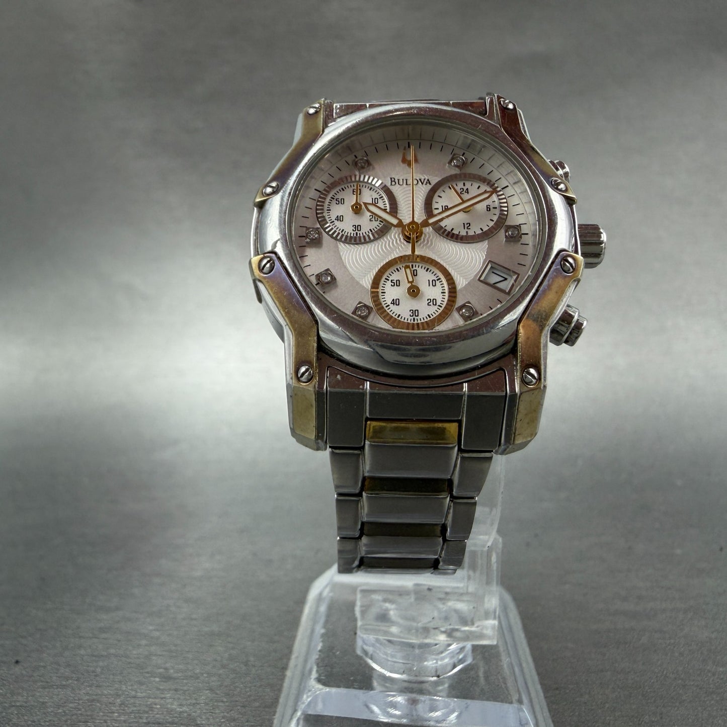 Bulova Chronograph Watch Women 32mm White Dial Two Tone Date 98P120 New Battery5