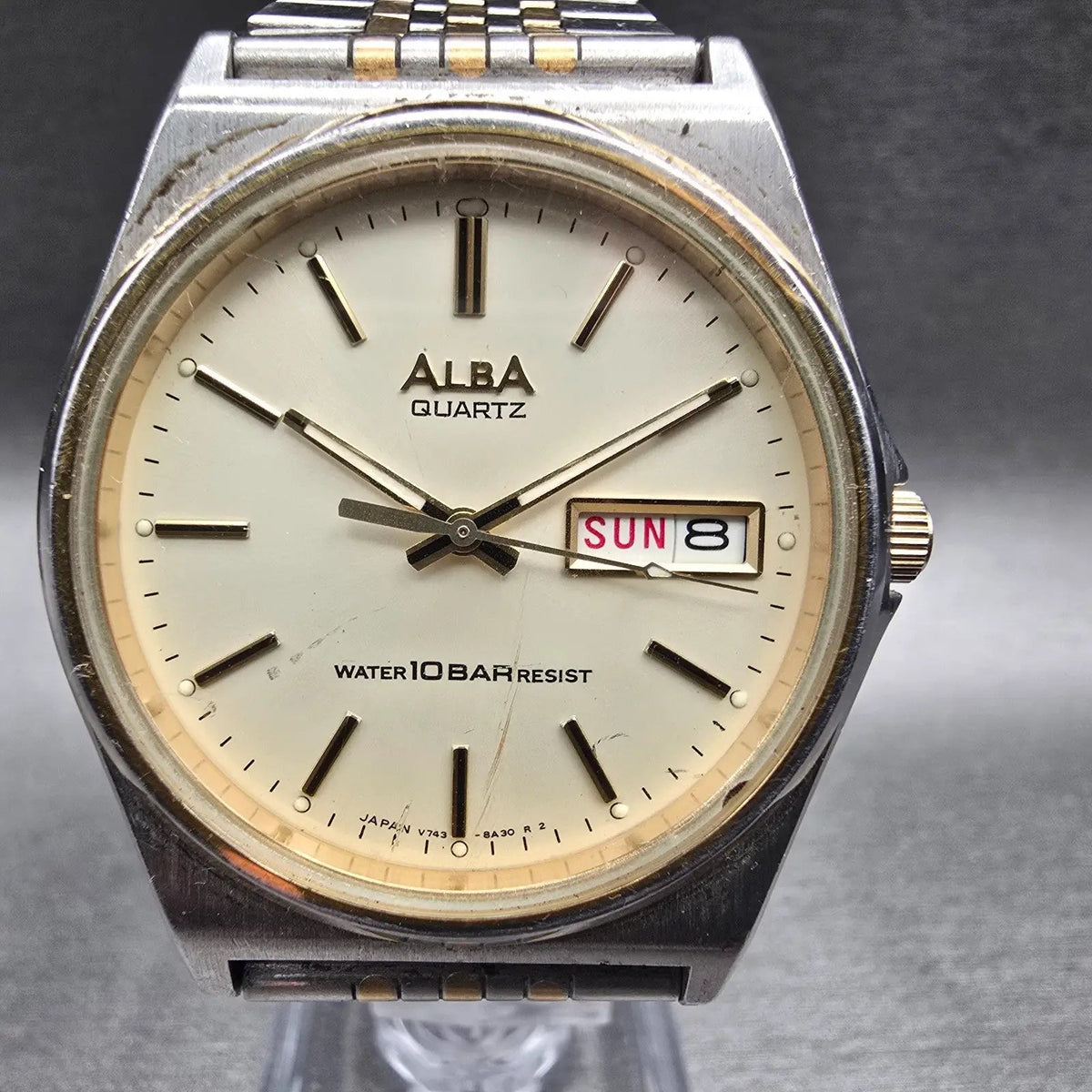 Seiko Alba Watch Men 34mm Ivory Dial Two Tone Daydate Round V743-8A10 New Batt1
