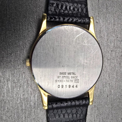 Seiko Watch Men 32mm Black Dial Gold Tone Round 5Y30-7A79 New Battery Vintage10