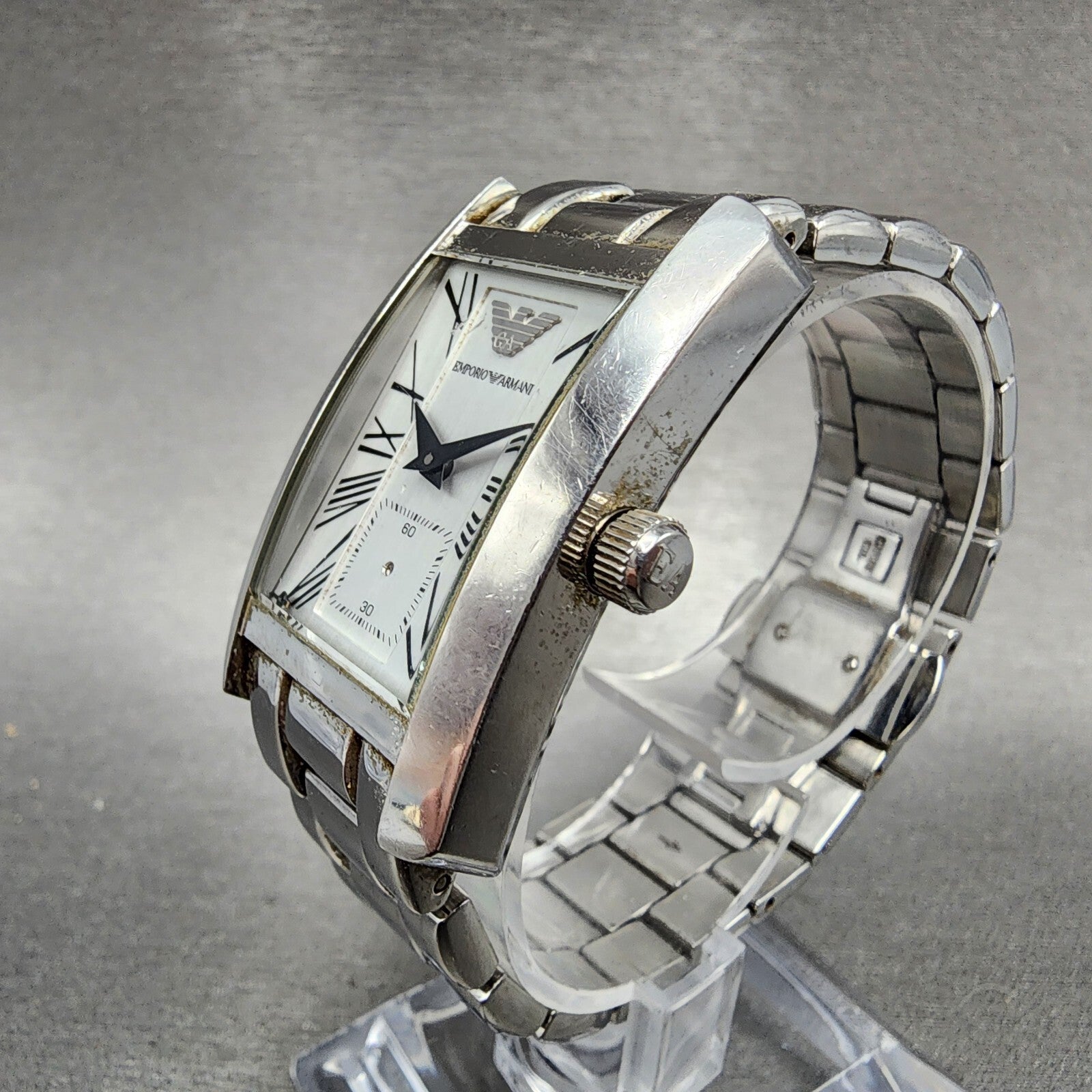 Emporio Armani Tank Watch Men 25mm White Dial Steel Small Seconds AR0146 PARTS3