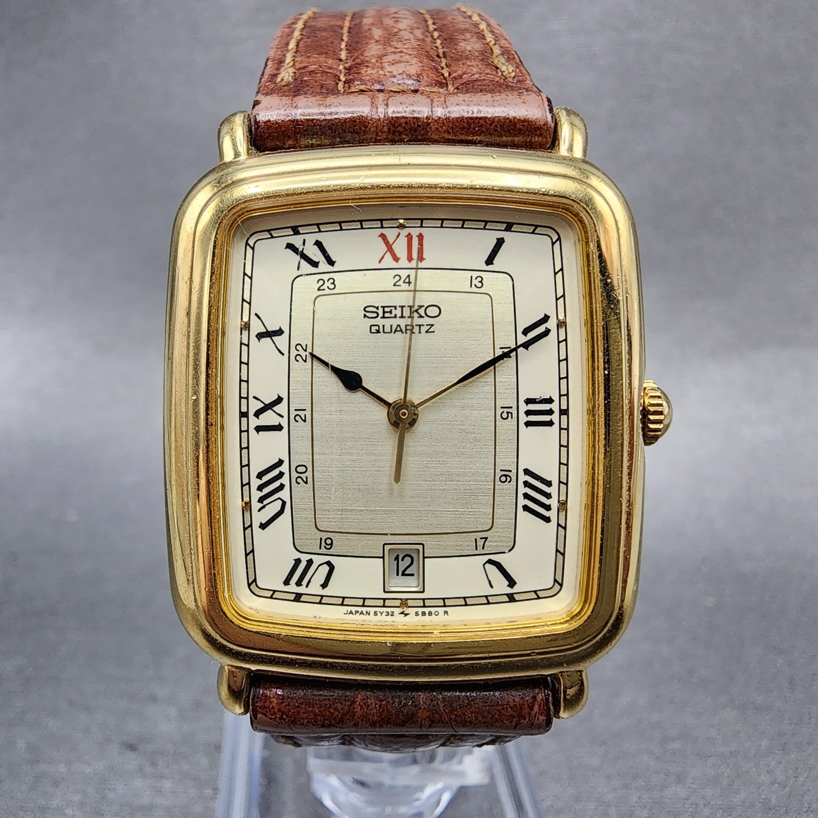 Seiko Tank Watch Men 28mm Champagne Dial Gold Tone Date 5y325809 New Battery0