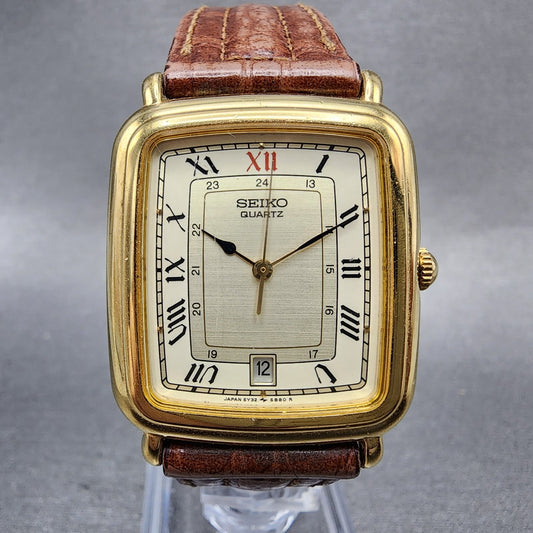 Seiko Tank Watch Men 28mm Champagne Dial Gold Tone Date 5y325809 New Battery0