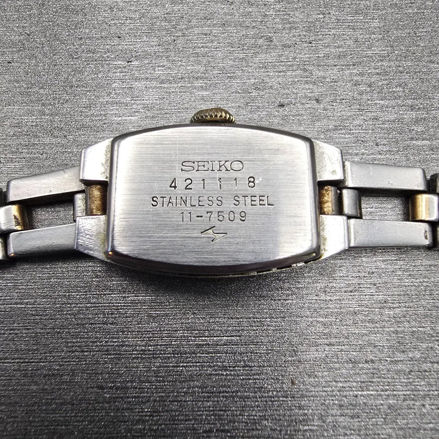 Seiko Watch Women 16mm Blue Dial Two Tone Rectangle Manual Wind 11-7509 Runs VTG10