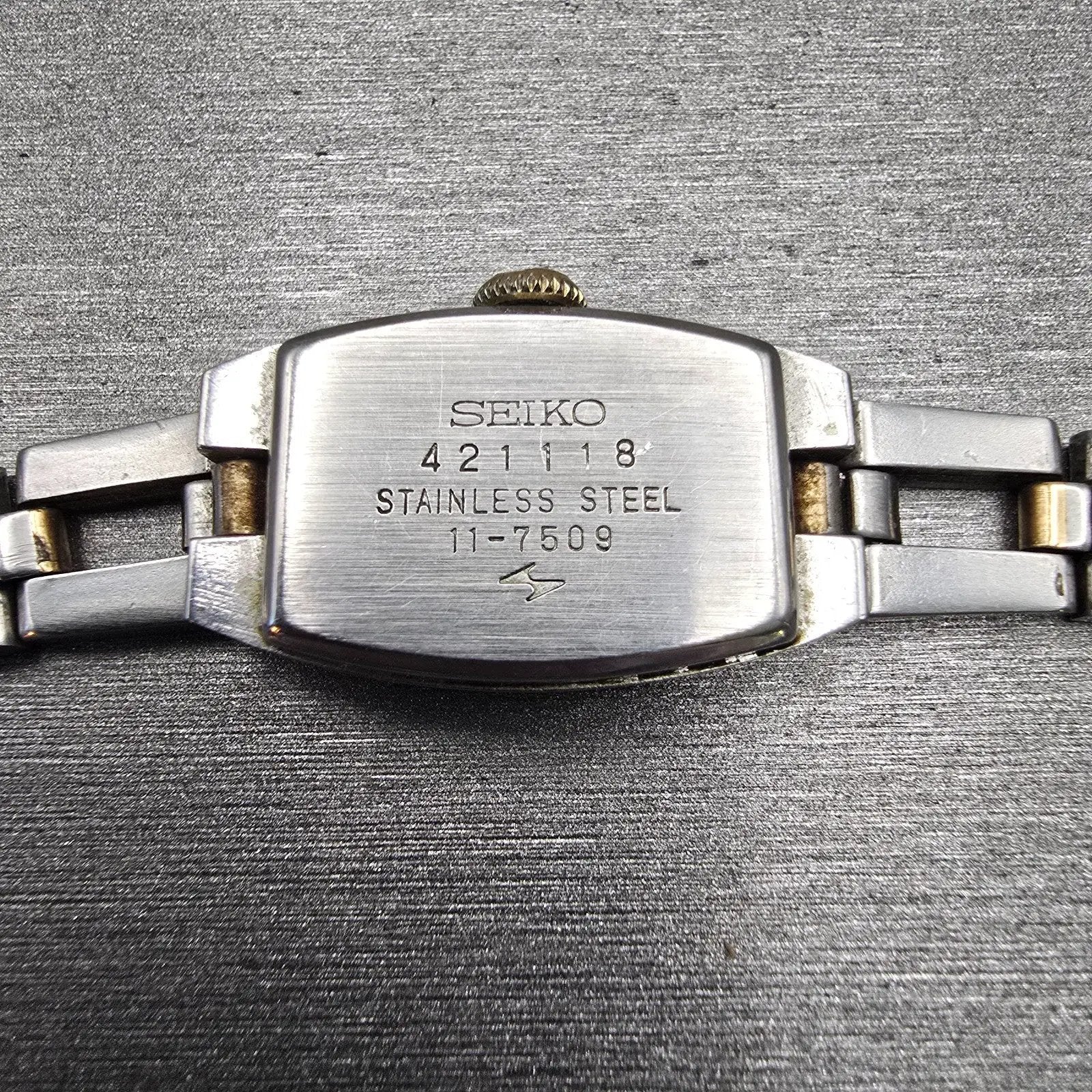 Seiko Watch Women 16mm Blue Dial Two Tone Rectangle Manual Wind 11-7509 Runs VTG10
