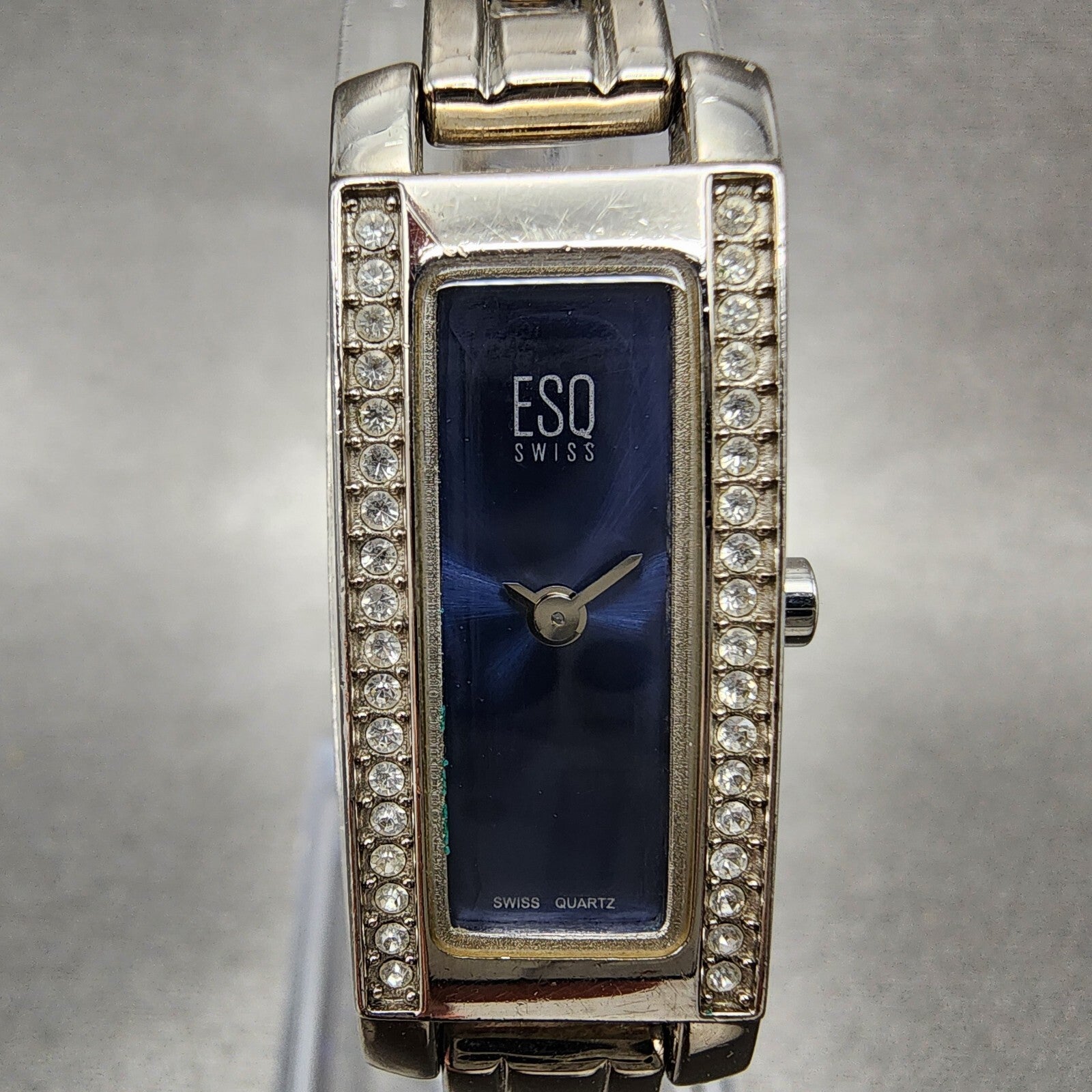 ESQ Tank Watch Women 14mm Blue Dial Silver Tone Crystal Bezel E5098 New Batt1