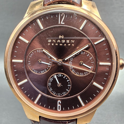 Skagen Watch Men 38mm Brown Dial Rose Gold Daydate Round 331XLRLD New Batt READ1