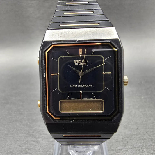 Seiko Analog Digital Watch Men 29mm Black Gold Alarm Chrono H449-5339 PARTS VTGJ0