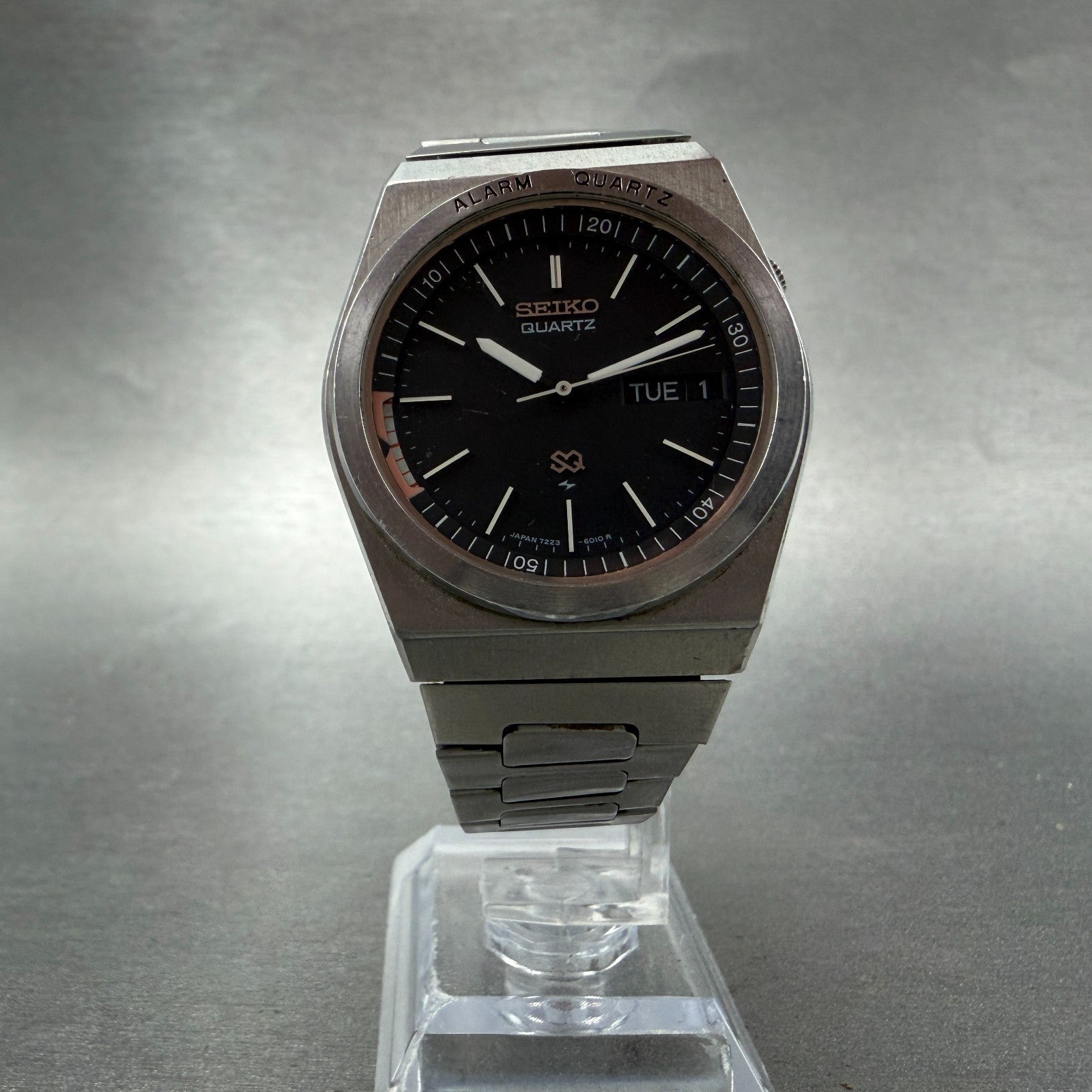 Seiko SQ Alarm Watch Men 36mm Black Dial Silver Tone Daydate 7223-6019 New Batt5