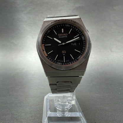 Seiko SQ Alarm Watch Men 36mm Black Dial Silver Tone Daydate 7223-6019 New Batt5