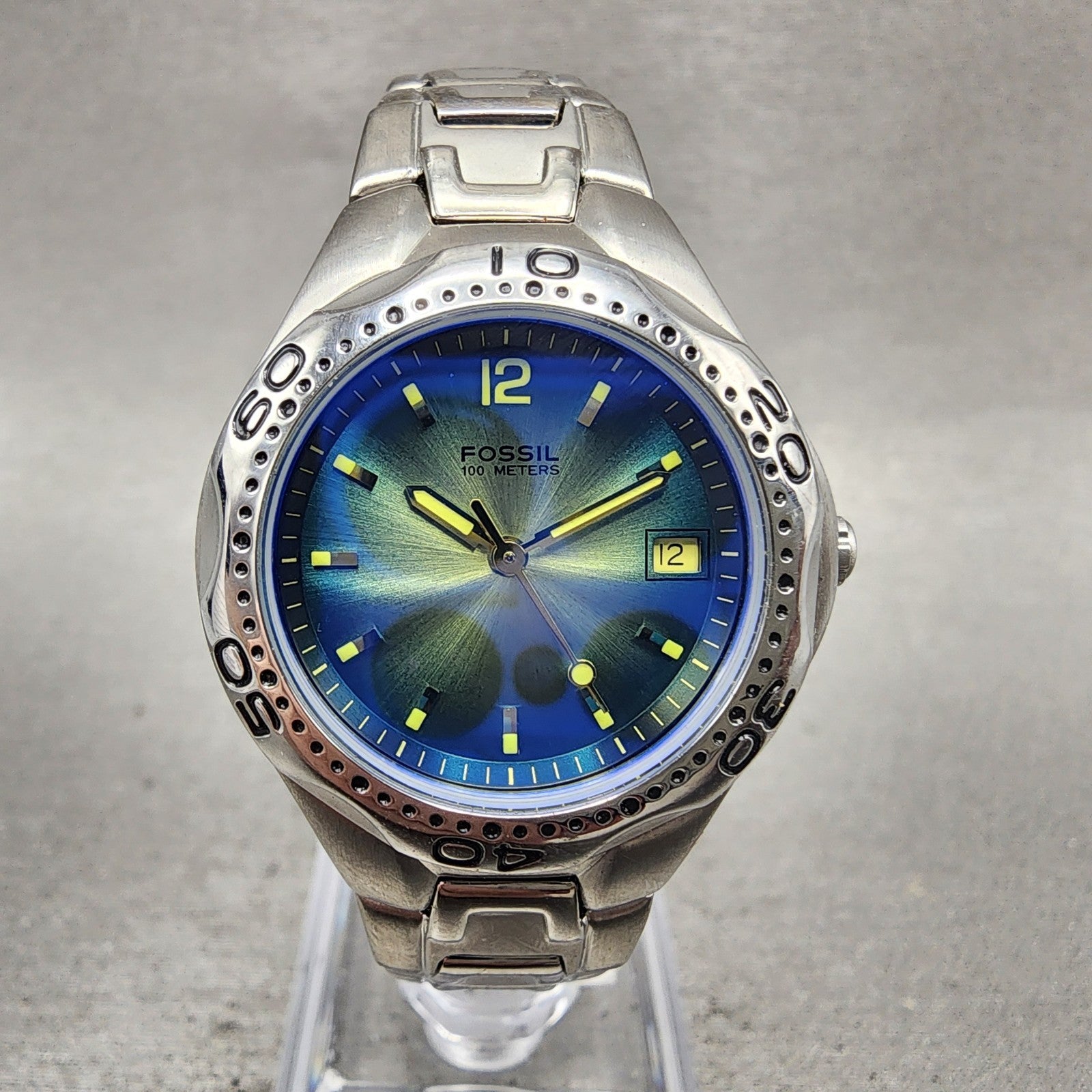 Fossil Blue Dive Watch Women 29mm Blue Dial Silver Tone Date AM3457 New Battery0