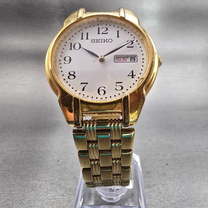 Seiko Watch Men 34mm White Dial Gold Tone Daydate Round V733-6C80 New Battery5