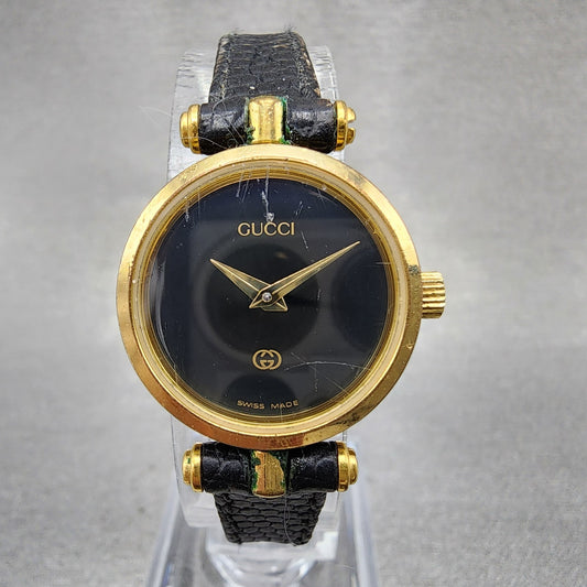 Gucci 2000L Watch Women 21mm Black Dial Gold Tone Round PARTS0