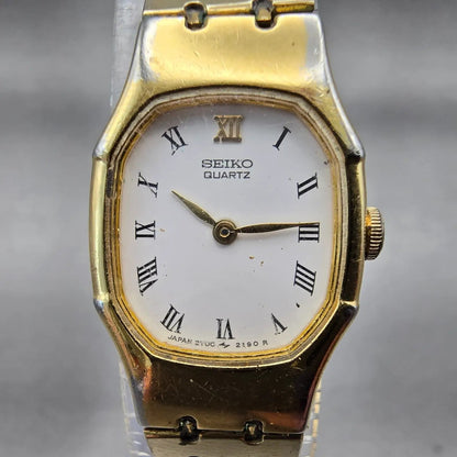 Seiko Tank Watch Women 17mm White Dial Gold Tone Oval 2Y00-5509 New Battery VTG1