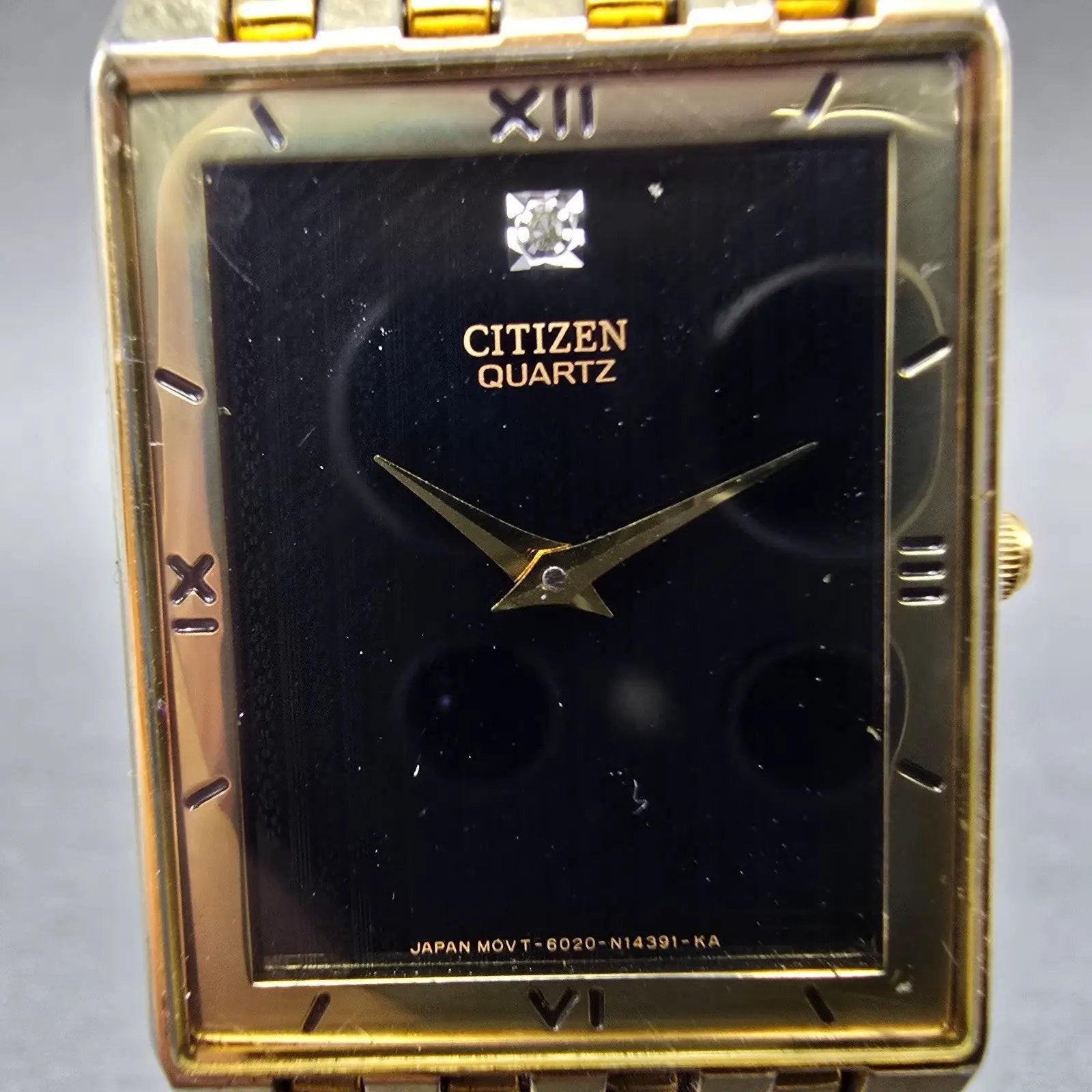Citizen Tank Watch Men 25mm Black Dial Gold Tone 6020-S36530 New Battery Diamond1