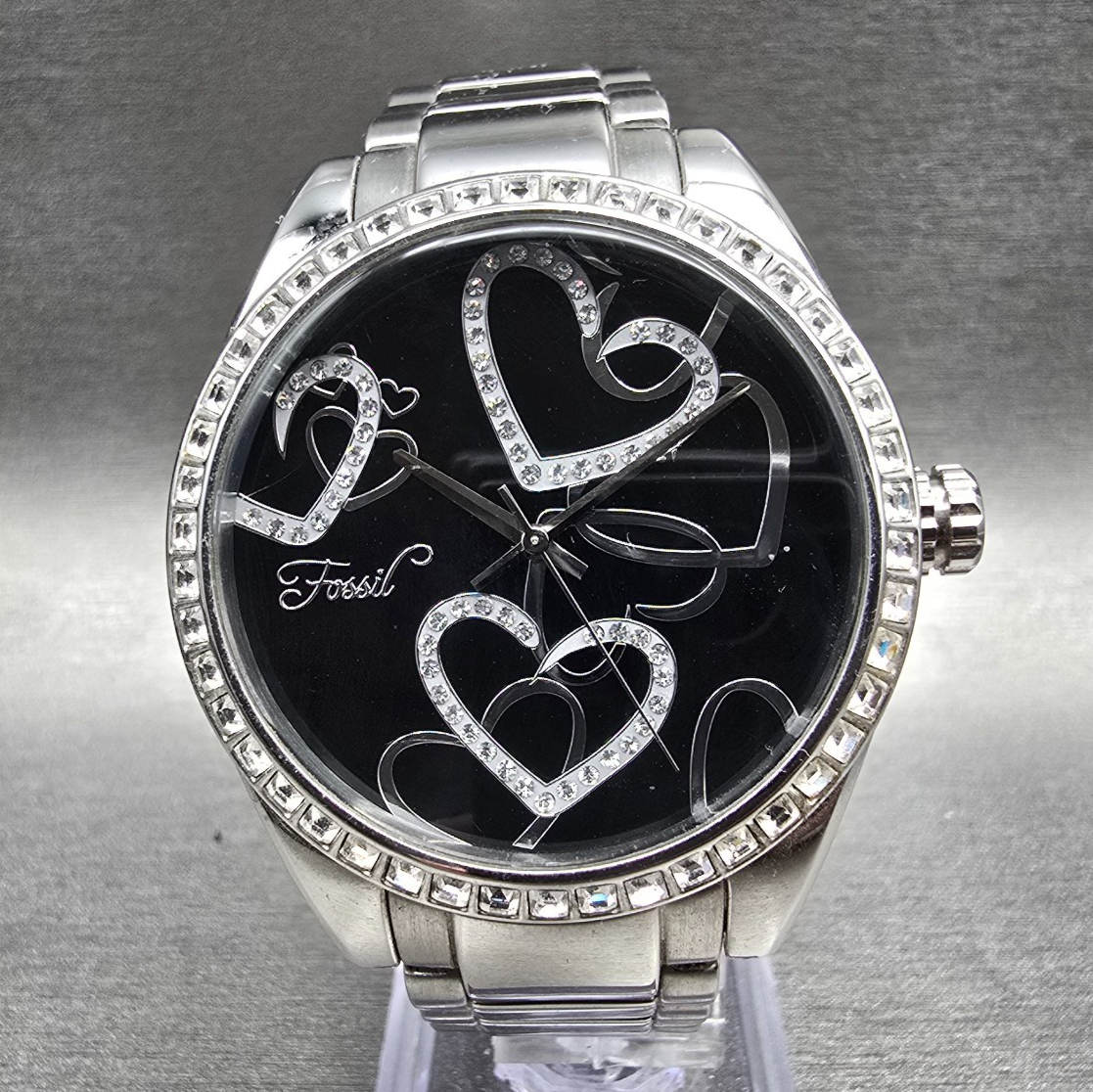 Fossil F2 Watch Women 40mm Black Dial Silver Tone Gemmed ES-1951 New Battery0